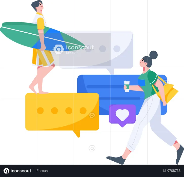 Surfing man looking comment on social media while woman walking  Illustration