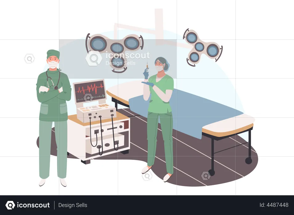 Surgeon and assistant stand in surgical room  Illustration