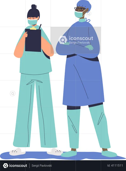 Surgery doctor and nurse standing  Illustration