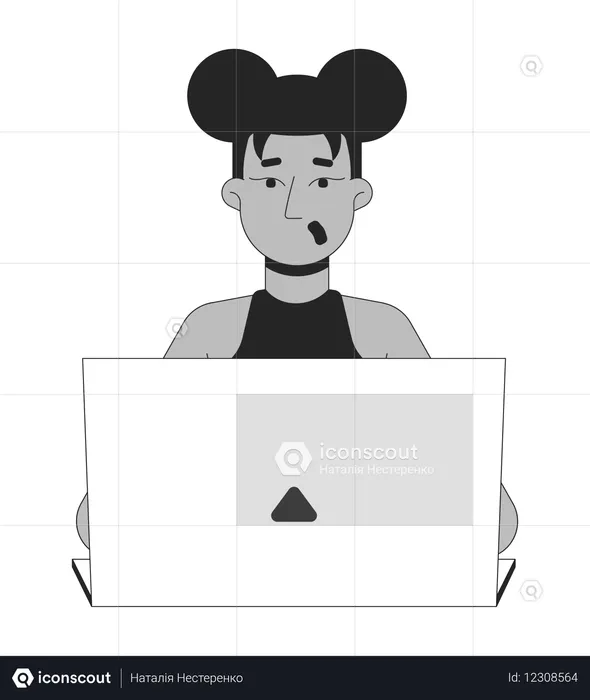 Surprised black woman working on laptop  Illustration