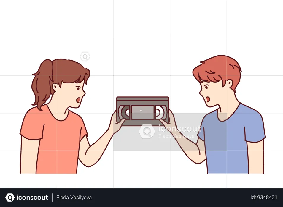 Surprised children are looking at film video cassette with movie recorded for VHS player  Illustration