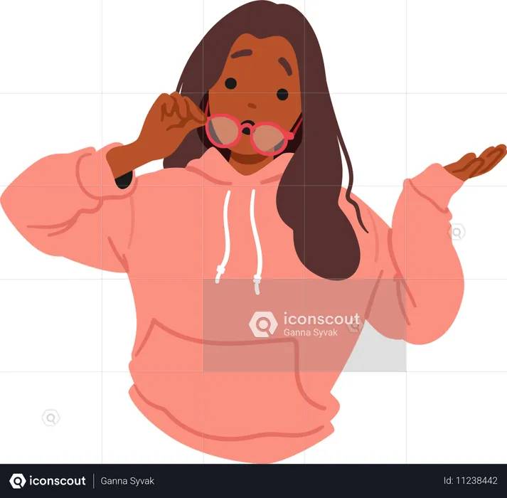 Surprised Female Character Wearing Hoodie And Lifting Glasses While Shrugging  Illustration