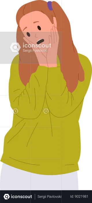 Surprised girl touching face with opened mouth  Illustration