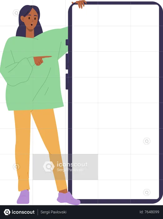 Surprised happy woman presenter character pointing at white screen of large mobile phone mockup  Illustration