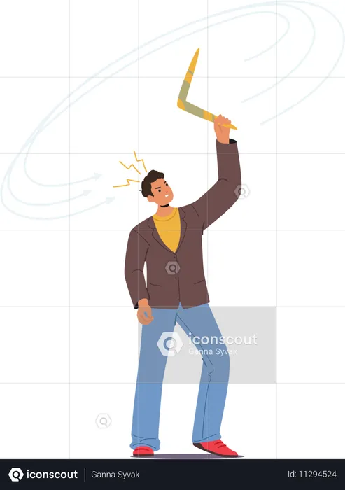 Surprised Man Throwing  Boomerang That Comes Back To Him and Hit his Head  Illustration