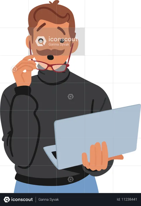 Surprised Man With Glasses Holding Laptop  Illustration