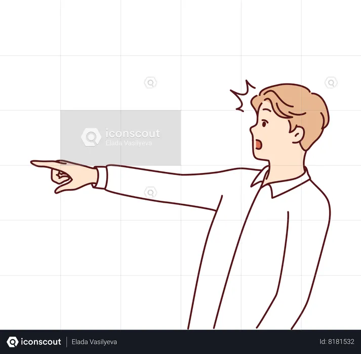 Surprised man with WOW emotions points finger to side to draw customer attention to copy space  Illustration