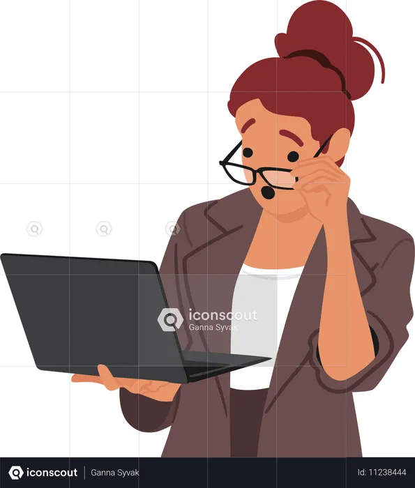 Surprised Woman Character With Glasses Holding And Looking At Laptop Screen  Illustration