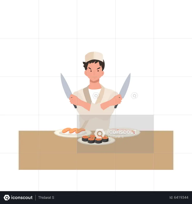 Sushi chef working in a restaurant is cooking  Illustration