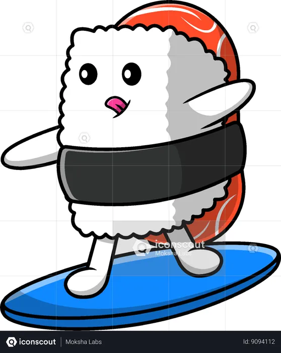 Sushi is surfing with surfboard  Illustration