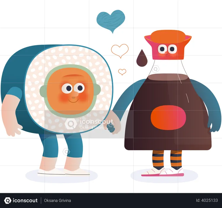 Sushi roll and a bottle of soy Sauce in love  Illustration