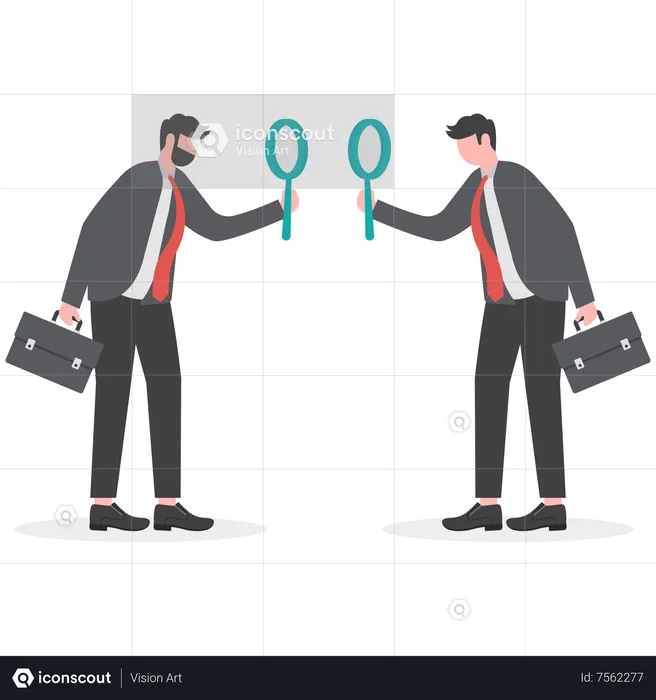 Suspicious businessman analyze each other with magnifying glass  Illustration