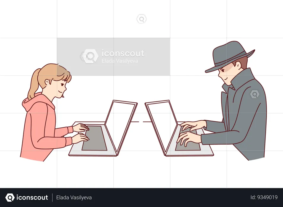 Suspicious man chatting with little girl via laptop trying to deceive child who is using internet  Illustration