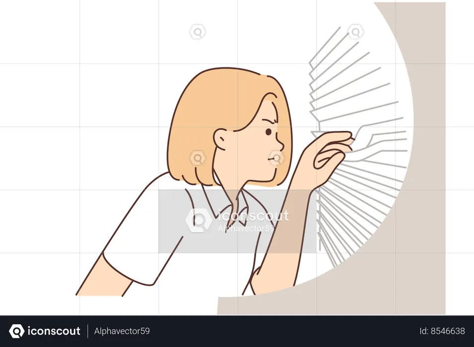 Suspicious woman looks through blinds at window, suffering from paranoia and distrust of neighbors  Illustration