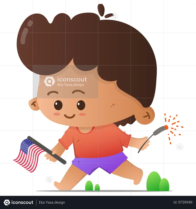 Niedliche Figur mit amerikanischer Flagge und Feuerwerk  Illustration