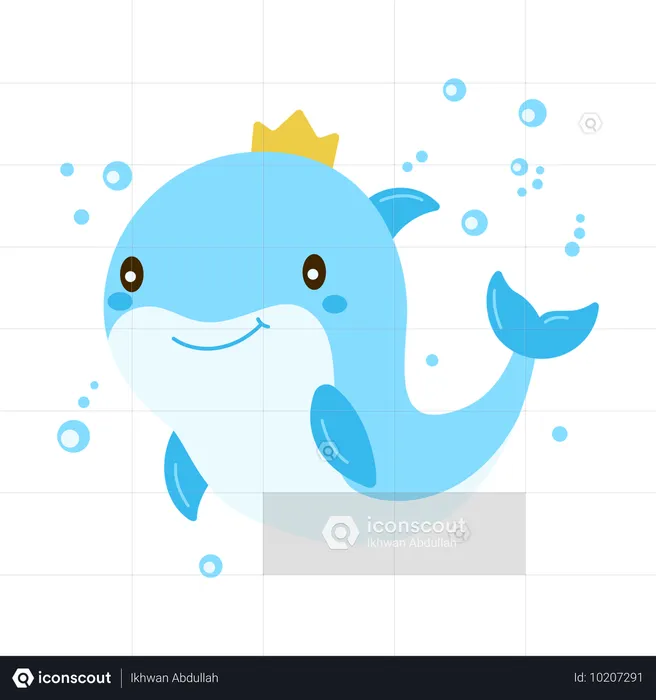 Niedlicher Baby-Delfin mit Krone schwimmt im Meer  Illustration