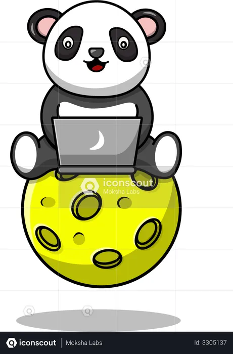 Niedlicher Panda sitzt auf dem Mond und benutzt Laptop  Illustration