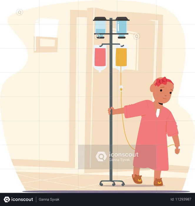 Niedliches kleines Mädchen mit Tropfer läuft durch die Krankenhaushalle einer Kinderkrebsklinik  Illustration