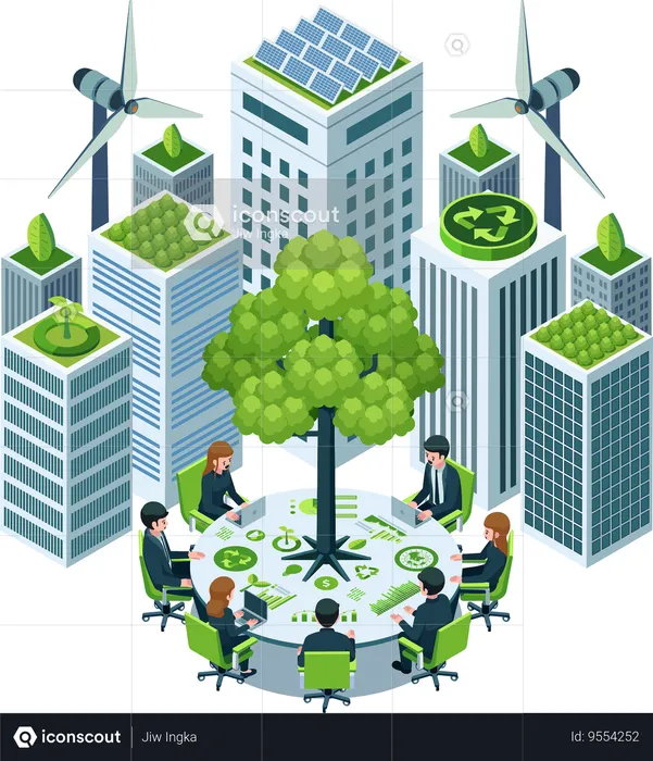 Sustainable Business Meeting Surrounded by Eco-Friendly Urban Buildings  Illustration