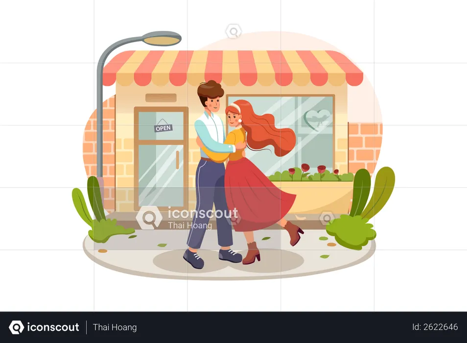 Sweet couple hugging each other in the middle of the street in a romantic way  Illustration