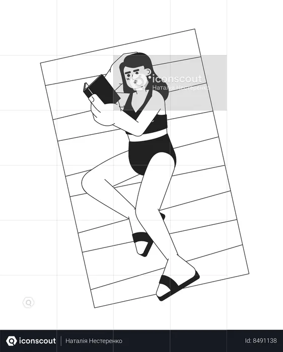 Swimsuit woman lying with book on beach  Illustration