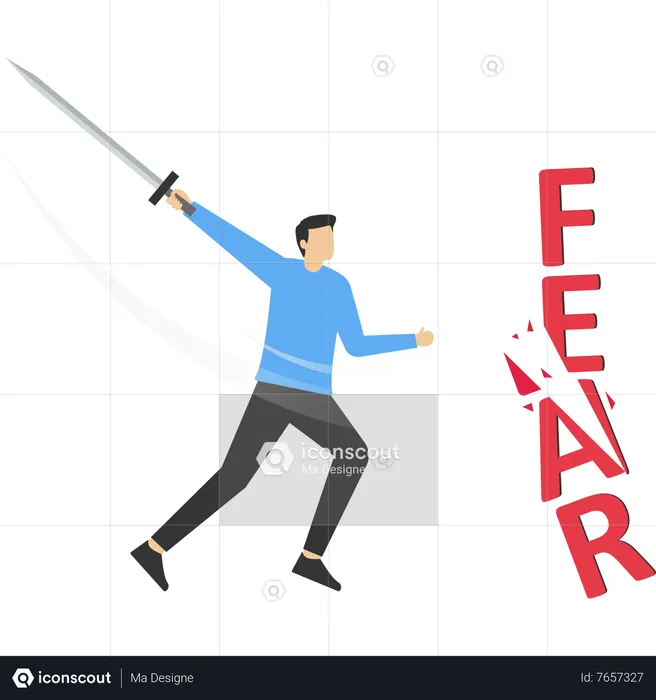 Sword-wielding businessman cuts out the letters that say FEAR  Illustration