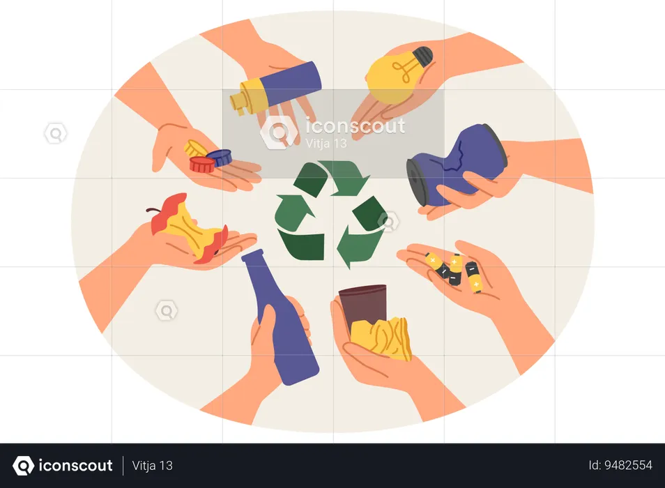 Symbol of separation and recycling of garbage among hands of people with various human waste  Illustration