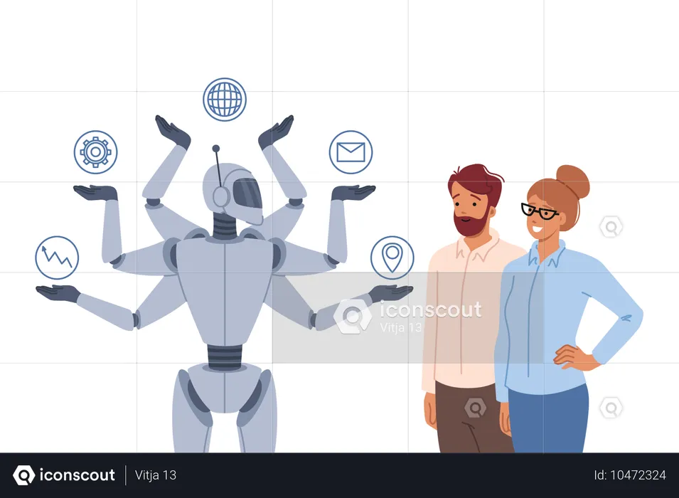 Synergie entre un robot multitâche et des entrepreneurs prospères utilisant les technologies modernes  Illustration