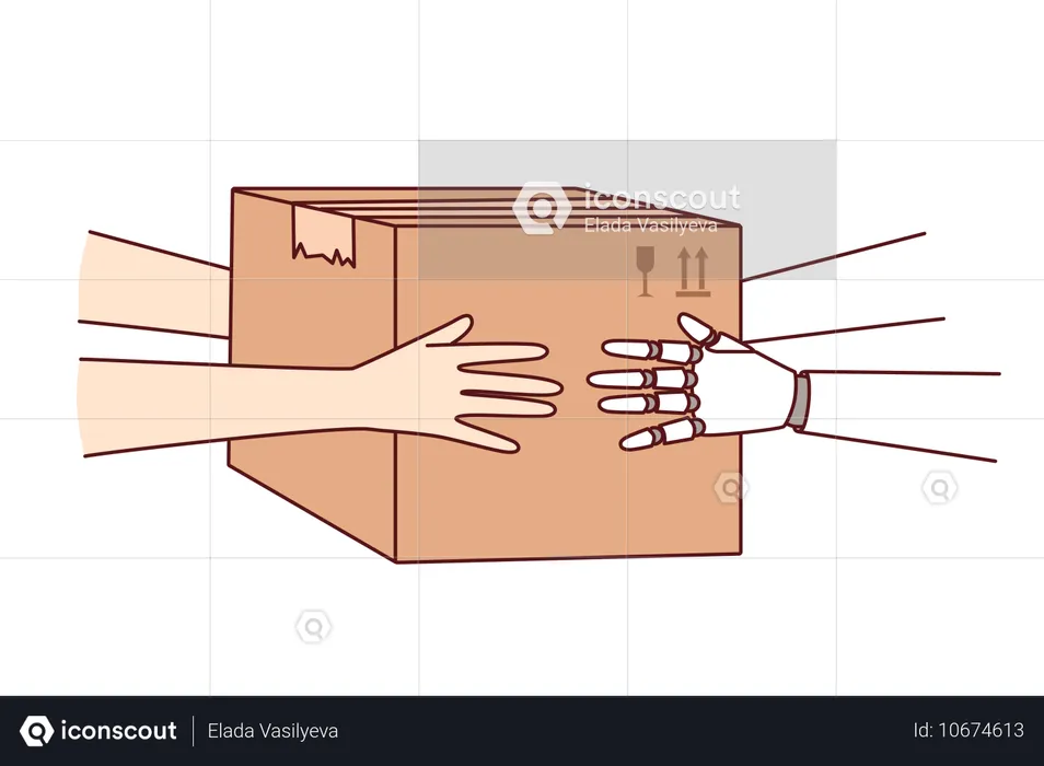 Synergy of human and robot working together in logistics and holding cardboard box with order  Illustration