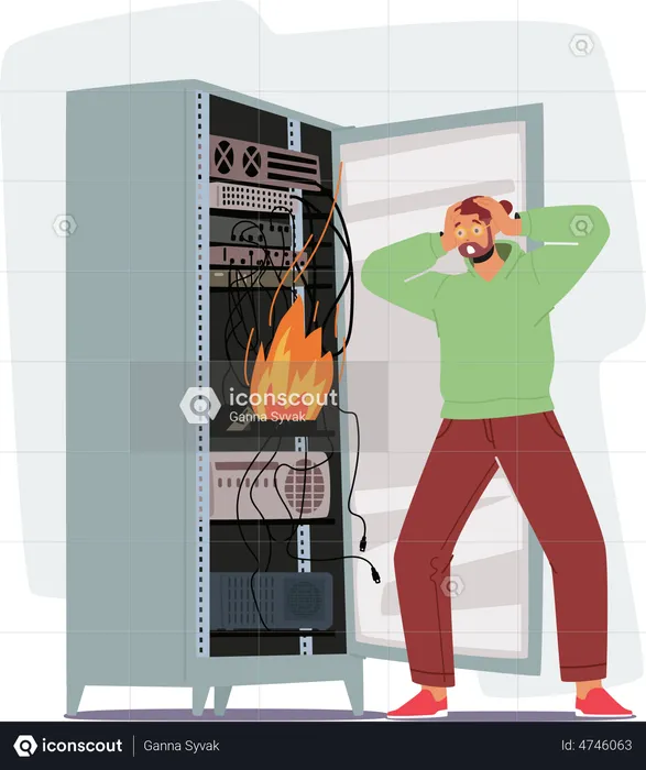 System Administrator Servicing Server Racks with Burning Fire inside  Illustration