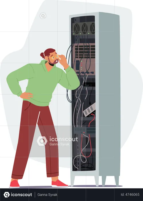 System Administrator Working With Server Rack  Illustration