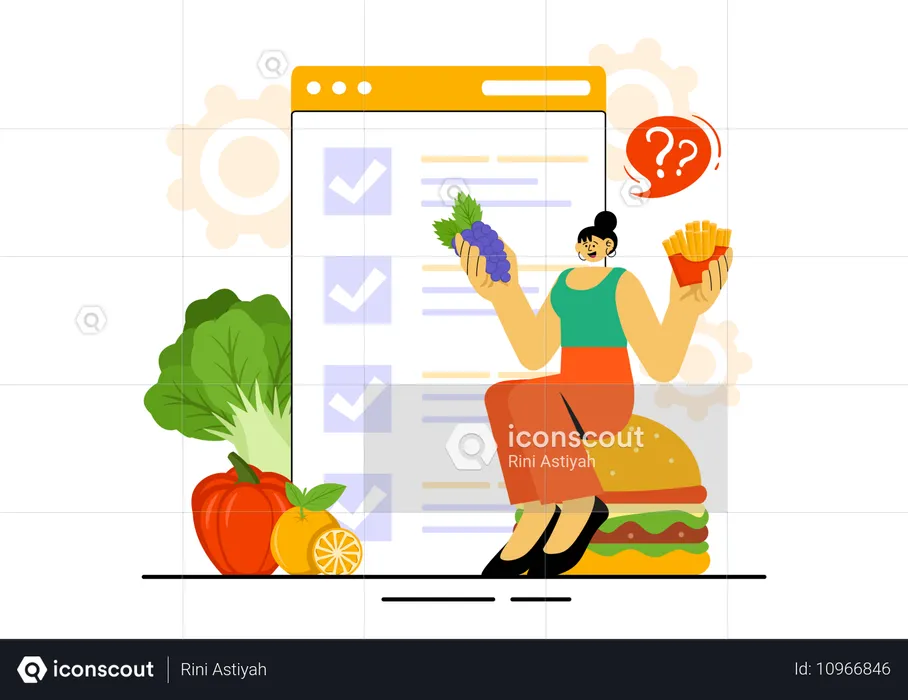 Chica haciendo un cuadro de dieta en línea  Ilustración