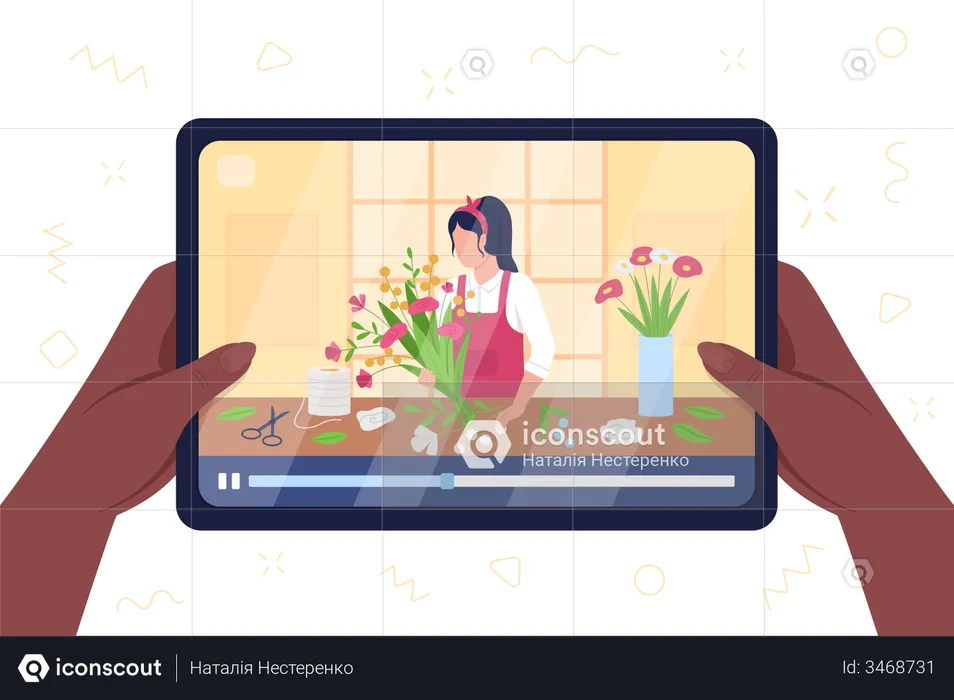 Tablet playing video on flower arrangement florist  Illustration