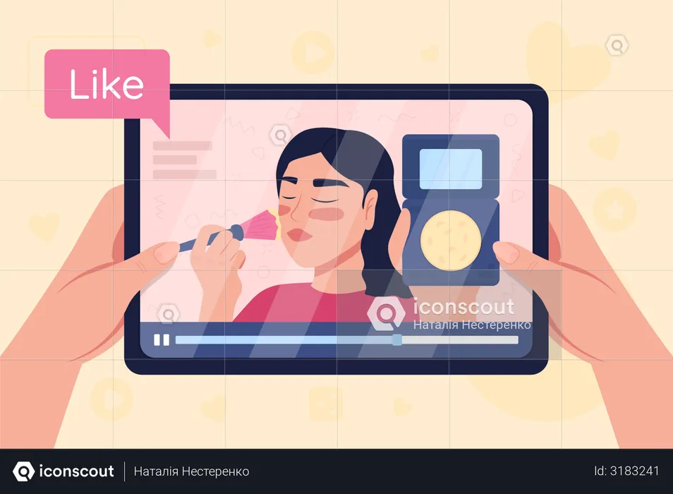 Las manos sostienen una tableta con un vídeo sobre el tutorial de maquillaje.  Ilustración