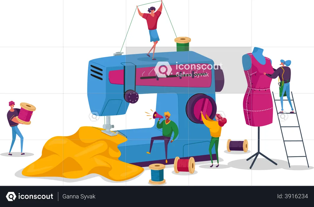 Tailor creating outfits on Sewing machine  Illustration