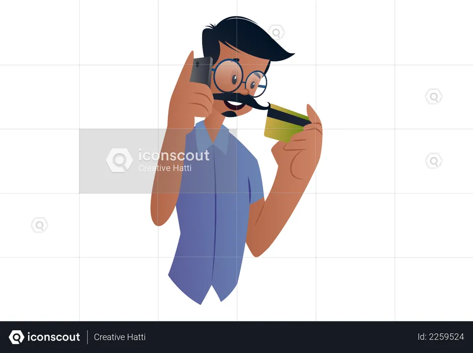 Tailor holding mobile and card in hand and giving card number  Illustration