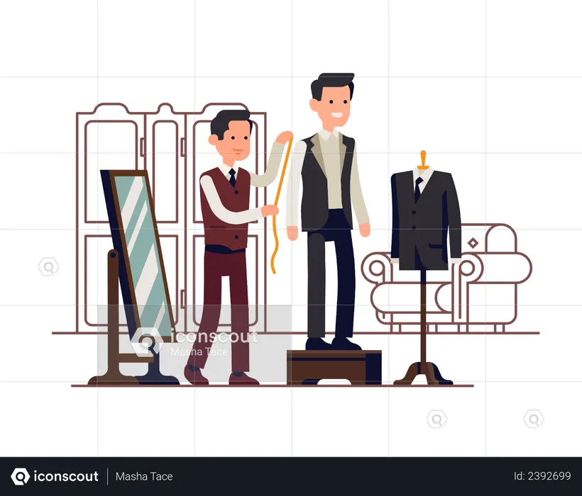 Tailor measuring client while he stands on fitting platform wearing unfinished suit  Illustration