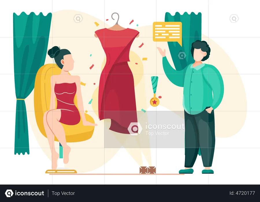 Tailor shows dress to buyer  Illustration