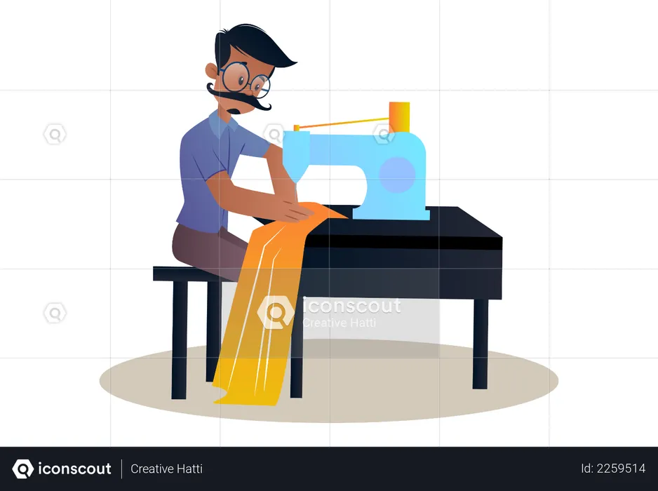 Best Premium Tailor sitting on table and working on sewing machine  Illustration download in PNG & Vector format