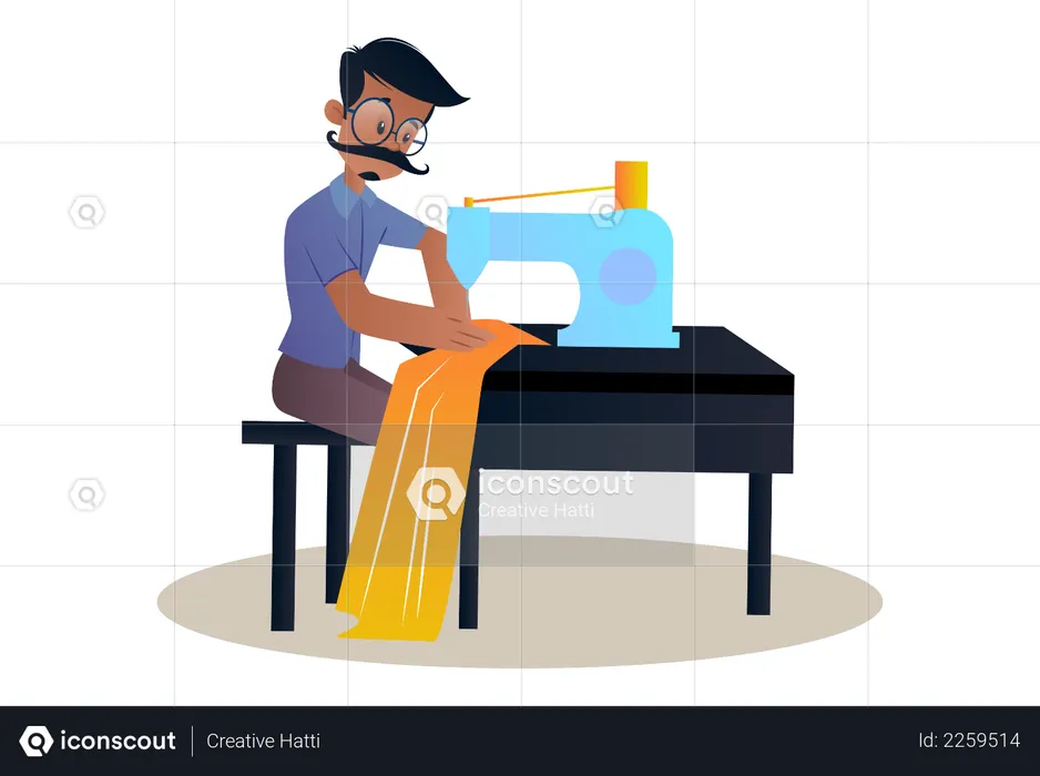 Tailor sitting on table and working on sewing machine  Illustration