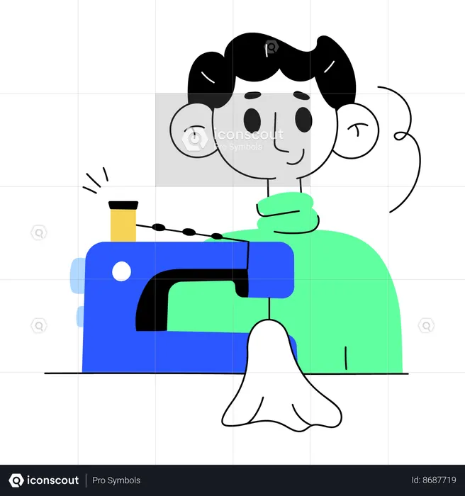 Tailor sitting on table and working on sewing machine  Illustration