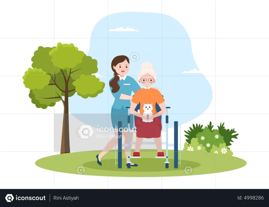 Taking Care Of Disabled Elderly woman  Illustration