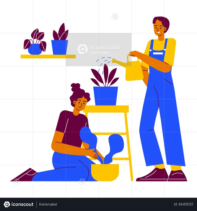 Taking care plants with friends  Illustration