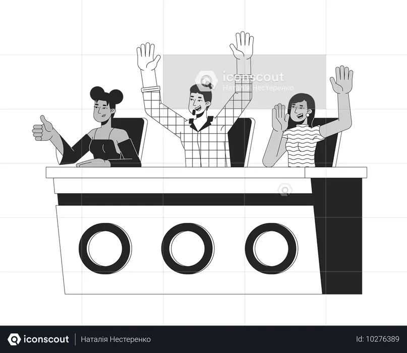 Talent show judges reacting excitedly at panel table  Illustration