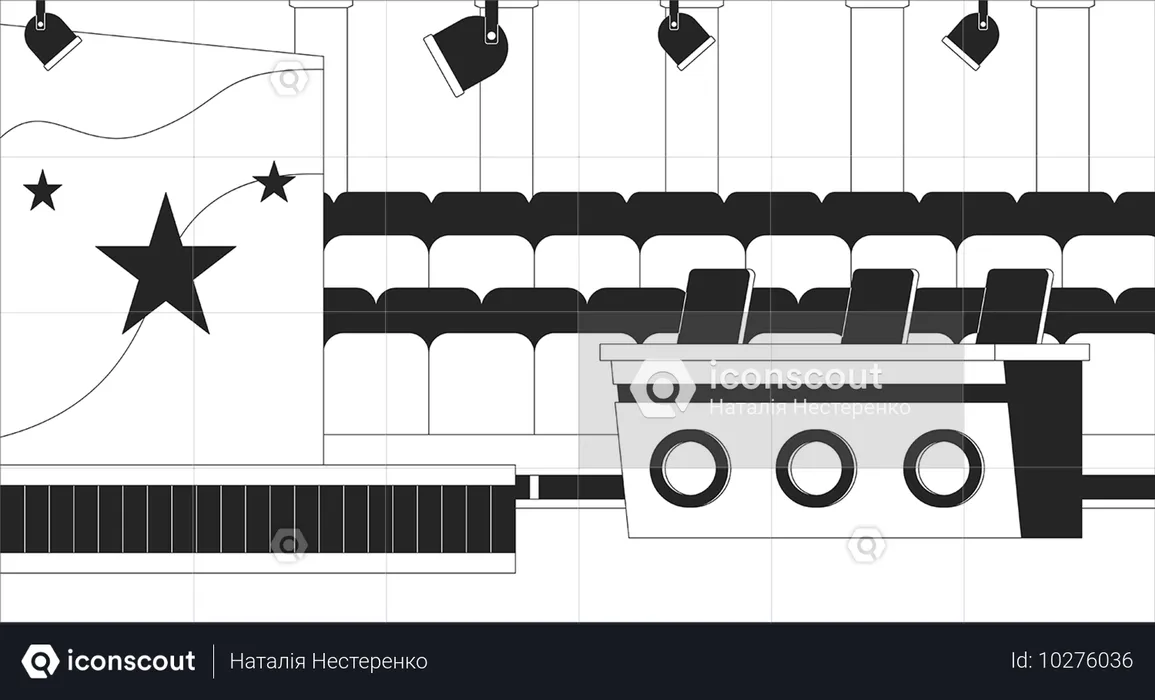 스포트라이트 아래 패널 테이블이 있는 재능 쇼 무대  일러스트레이션