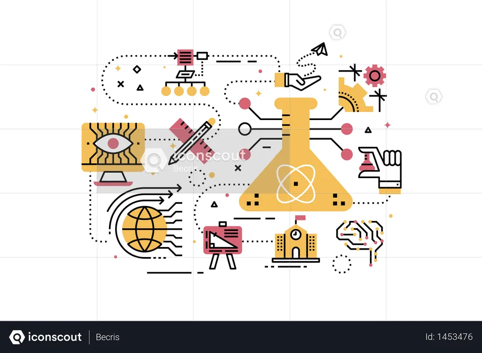 Ilustración de iconos de línea de educación STEM (ciencia, tecnología, ingeniería, matemáticas)  Ilustración