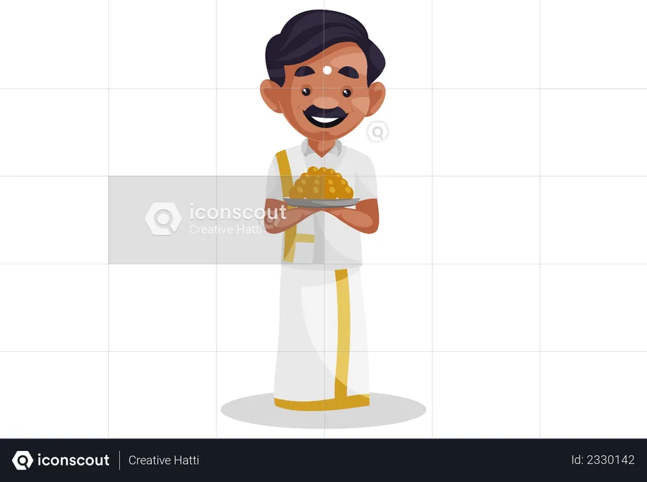 Tamil man holding plate of laddoos  Illustration