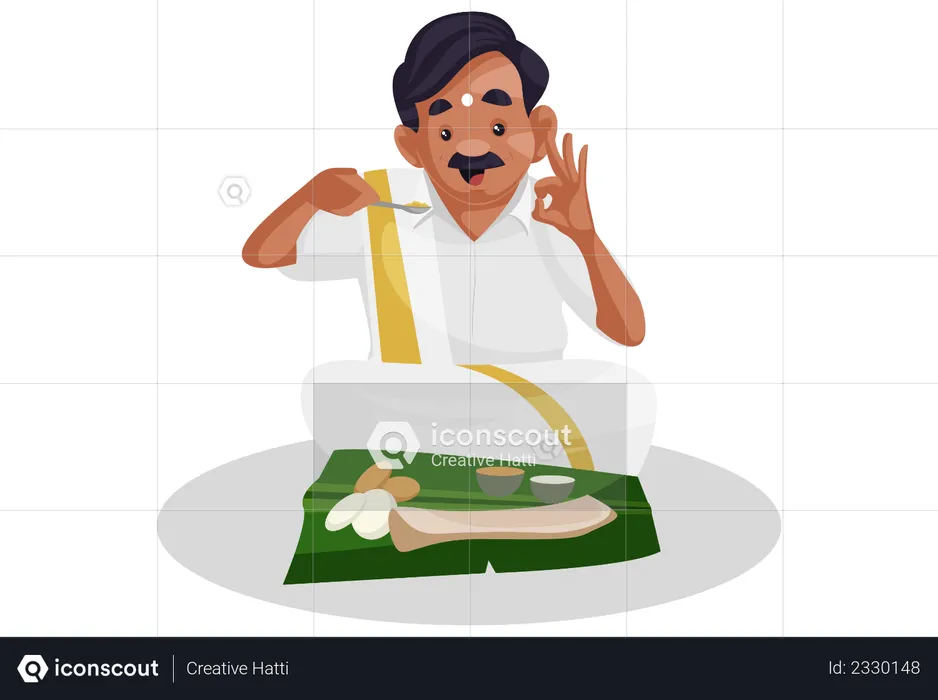Tamil man is eating food on a banana leaf  Illustration