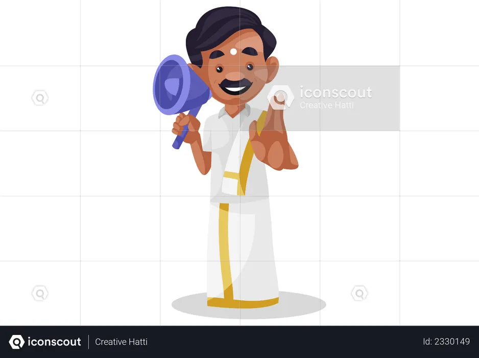 Tamil man is making announcement using megaphone  Illustration
