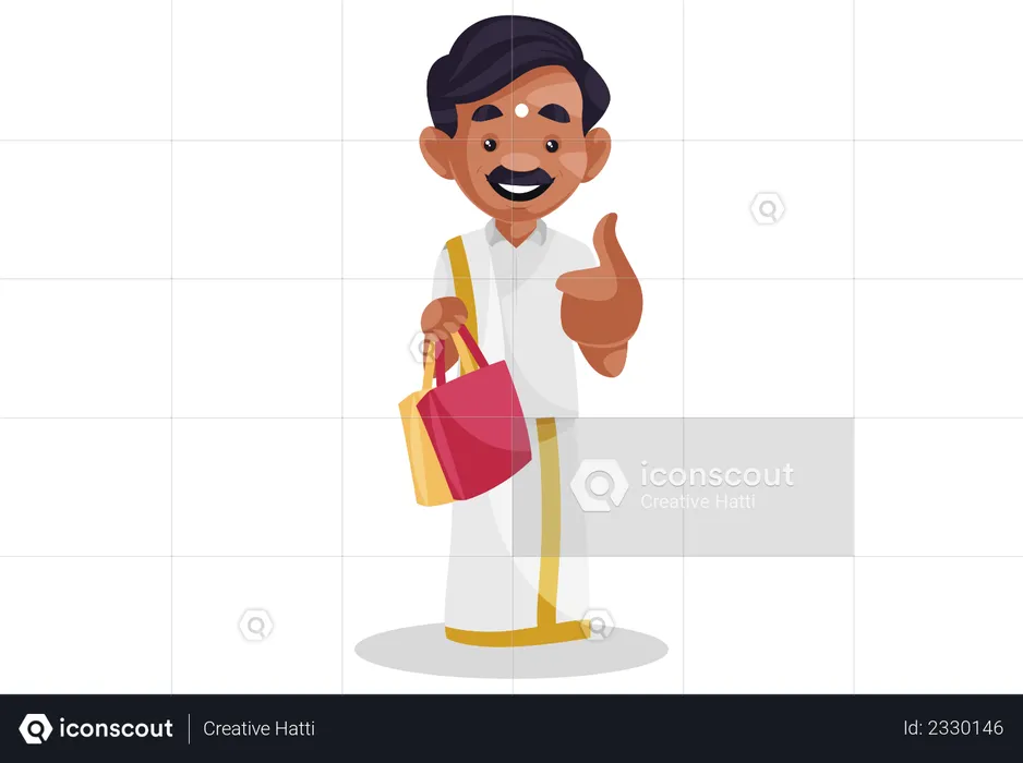 Tamil man is showing thumbs up and holding shopping bags  Illustration